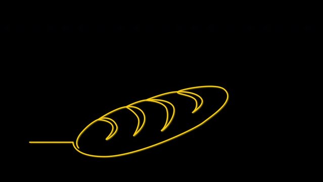 Long loaf bread outline self drawing animation. Golden yellow line animated on black background.