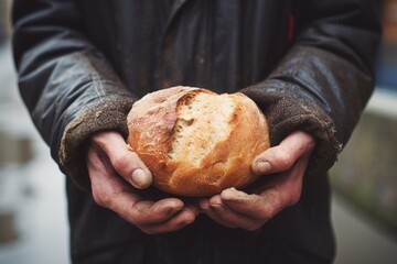 A homeless person holding a piece of bread on a city street. The concept of poverty, social...