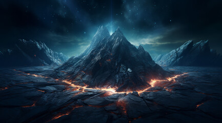 A foreboding volcanic mountain under a starry night sky. - obrazy, fototapety, plakaty
