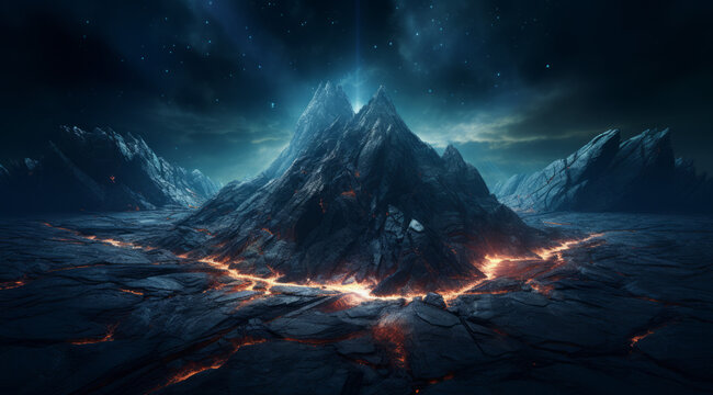 A foreboding volcanic mountain under a starry night sky.