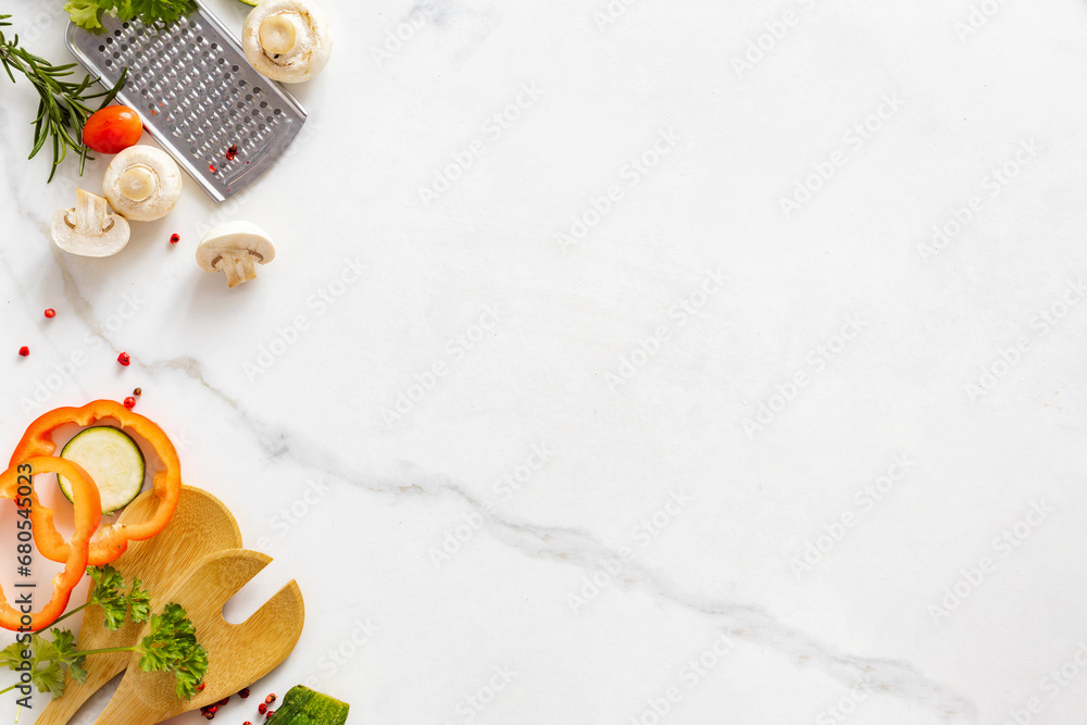 Poster cooking, menu background. various vegetables and spices for preparation healthy food on white marble