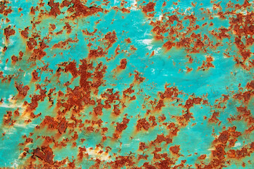 Rusted green painted metal wall. Detailed photo texture