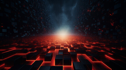 Obraz premium Glowing red cubes on a digital grid with a celestial backdrop.