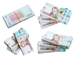 Bank packs of 1000 ukrainian hryvna, isolated on white background