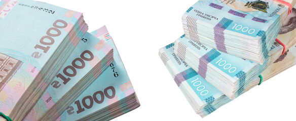 Bank packs of 1000 ukrainian hryvna, isolated on white background