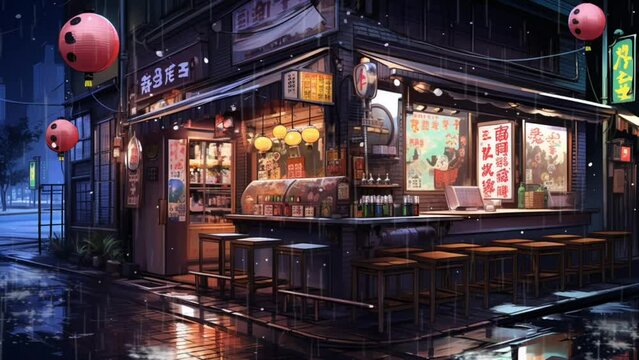 Lofi anime rainy restaurant. Night ramen restaurant animation. japanese street food. seamless looping time-lapse virtual 4k video animation background. Generated with AI
