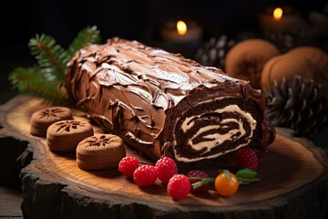 Fototapeta na wymiar Classic Yule log a festive treat Christmas cake rolled and adorned for a delightful celebration
