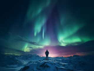 Silhouette of a Man as he Watches the Amazing Aurora Borealis Northern Lights at Night Color Lights Dance in the Sky