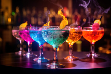 Line of many colorful alcoholic cocktails on a bar in a nightclub on dark. Generative AI