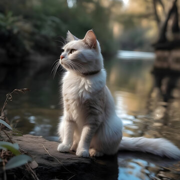 Cute cat pictures on river. Generative AI