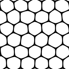 A bold black and white seamless abstract pattern featuring a honeycomb motif in a mesh-like design on white