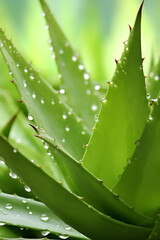 Green Aloe with water drops, macro view