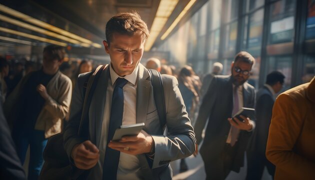 Finding serenity in chaos: A business traveler navigating a busy urban street, showcasing the balance between work and exploration generative ai