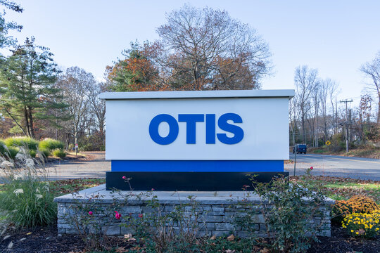 Otis company sign is shown in Farmington, CT, USA, on November 8, 2023. Otis Worldwide Corporation is an American company. 