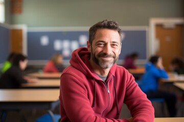 Obraz premium Portrait of a happy man in his 30s wearing a zip-up fleece hoodie against a lively classroom background. AI Generation