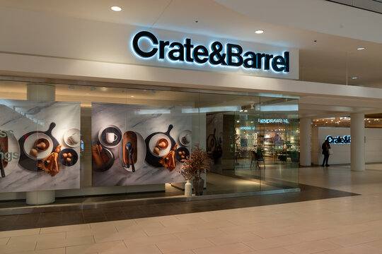 Crate and Barrel store in Natick Mall, Natick, Massachusetts, USA, November 9, 2023. Crate and Barrel is an international furniture and home decor retail store. 