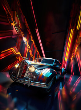 Art deco minimalistic reflective aluminium vintage car of 1930s, colorful neon lights in background with copy space