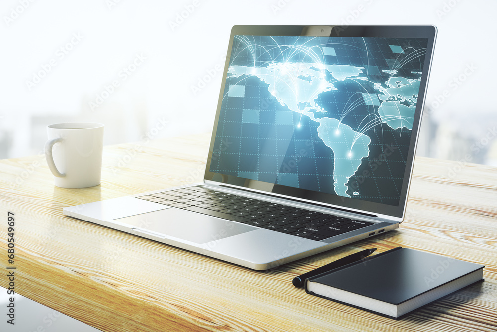 Poster abstract digital world map with connections on modern computer monitor, big data and blockchain conc