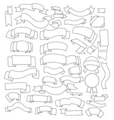 Big collection of ribbon banners. Isolated vector hand drawn linear doodles of different curved label ribbons.