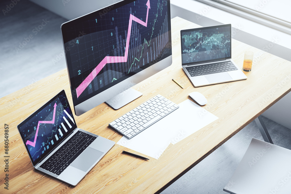 Aufkleber modern computer screen with abstract creative financial chart and upward arrow, rise and breakthroug