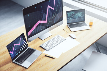 Modern computer screen with abstract creative financial chart and upward arrow, rise and breakthrough concept. 3D Rendering