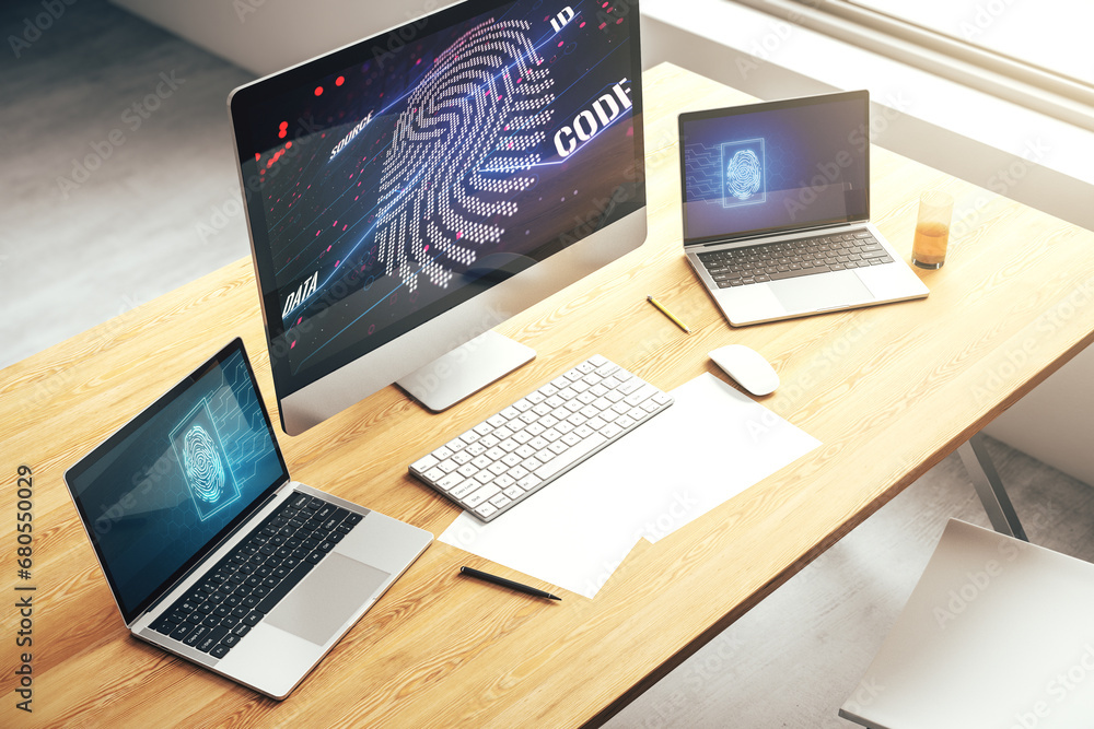 Aufkleber Computer monitor with abstract creative fingerprint illustration, personal biometric data concept. 3D Rendering
