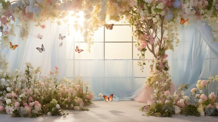 A blend of pastel patchwork fabrics, featuring delicate butterfly and floral appliques.  - obrazy, fototapety, plakaty