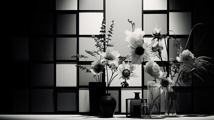 A chic arrangement of black and white patchwork design accented with monochrome floral-botanical...