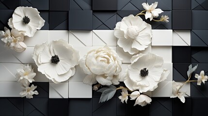 A modern patchwork design with geometric shapes in monochrome, highlighted by minimalistic white blooms. 