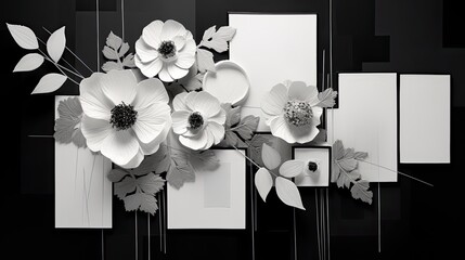 A modern patchwork design with geometric shapes in monochrome, highlighted by minimalistic white blooms. 