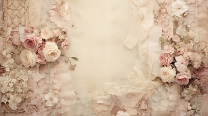 A vintage-inspired arrangement array in sepia and cream, embellished with antique lace and faded...