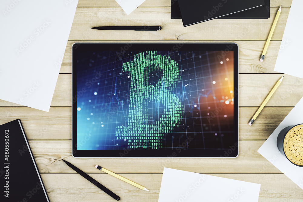 Poster Modern digital tablet monitor with creative Bitcoin symbol. Cryptocurrency concept. Top view. 3D Rendering
