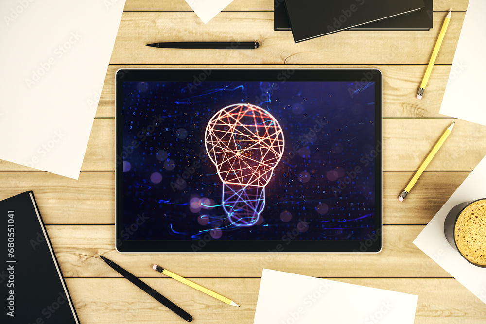Poster creative light bulb illustration on modern digital tablet display, future technology concept. top vi