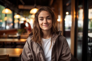 Fototapeta premium Portrait of a satisfied woman in her 20s wearing a functional windbreaker against a bustling restaurant background. AI Generation