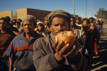 A long line of people outside a food distribution center, waiting at a food bank, highlighting the reliance on charitable assistance in times of need. Concept of food distribution centers and banks - obrazy, fototapety, plakaty
