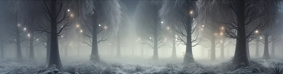 Tuinposter Winter enchantment. Majestic forest landscape blanketed in snow perfect for seasonal imagery. Snowy serenity. Ethereal wonderland with trees and mist ideal for atmospheric scenes © Thares2020