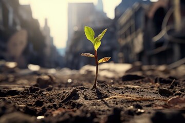 Fresh plant sprout emerging from the asphalt ruined city on the background - obrazy, fototapety, plakaty