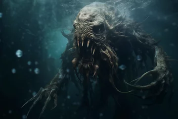 Fotobehang Deep sea monster - underwater - Ocean depths mystery - Copy Space - Mythological creature with open mouth and sharp fangs © ana