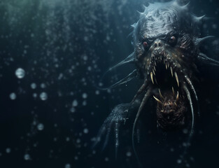 Deep sea monster - underwater - Ocean depths mystery - Copy Space - open mouth with sharp fangs