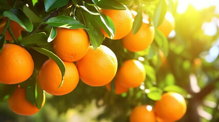 Fresh ripe oranges hanging on trees in orange garden - obrazy, fototapety, plakaty