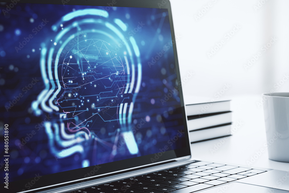 Poster creative artificial intelligence concept with human head hologram on modern laptop screen. 3d render