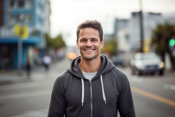 Fototapeta premium Portrait of a grinning man in his 30s dressed in a comfy fleece pullover against a bustling city street background. AI Generation