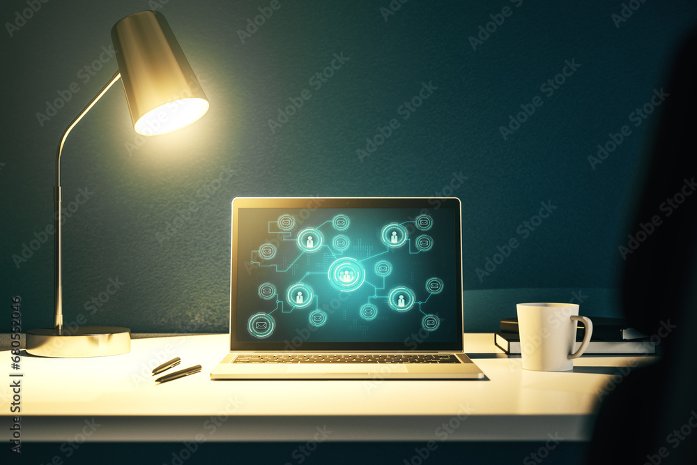 Aufkleber modern computer monitor with social network icons concept. marketing and promotion concept. 3d rende