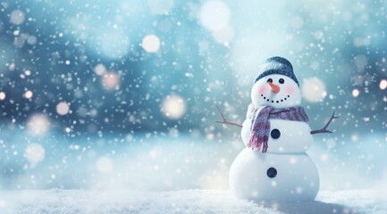 Smiling snowman on a serene snowy day, ideal for winter and holiday marketing.