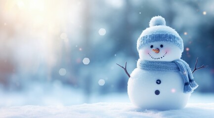 Smiling snowman on a serene snowy day, ideal for winter and holiday marketing. - obrazy, fototapety, plakaty
