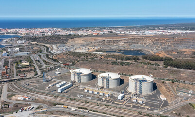 An aerial view of a liquefied natural gas storage Ren facility stored in heating containers in Portugal. Portugal Sines