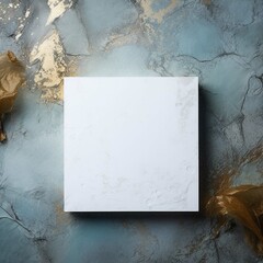 Blank square white card with copy space lying on background of marble and gold leaf Generative AI	
