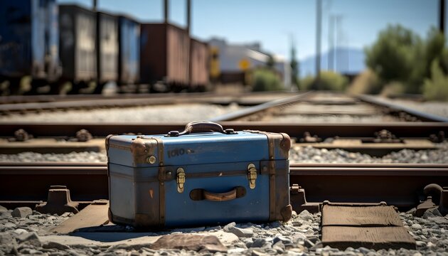 A well-traveled suitcase sitting beside an old train track, hinting at a journey yet to unfold generative ai