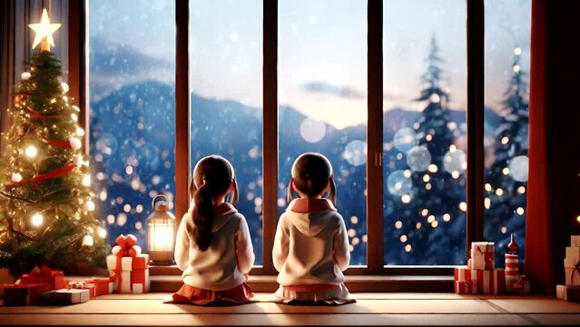 Little Japanese Girl Looking At The Window Waiting For Santa Claus On Christmas Eve, View From Behind