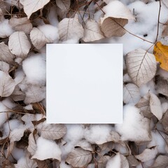 Blank square white card with copy space lying on the snow with twigs and leaves Generative AI	